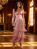 Satin A-Line V Neck Maxi Formal Dresses with Fringe
