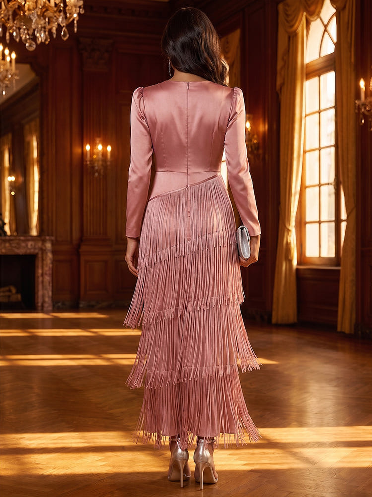 Satin A-Line V Neck Maxi Formal Dresses with Fringe