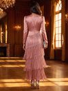 Satin A-Line V Neck Maxi Formal Dresses with Fringe