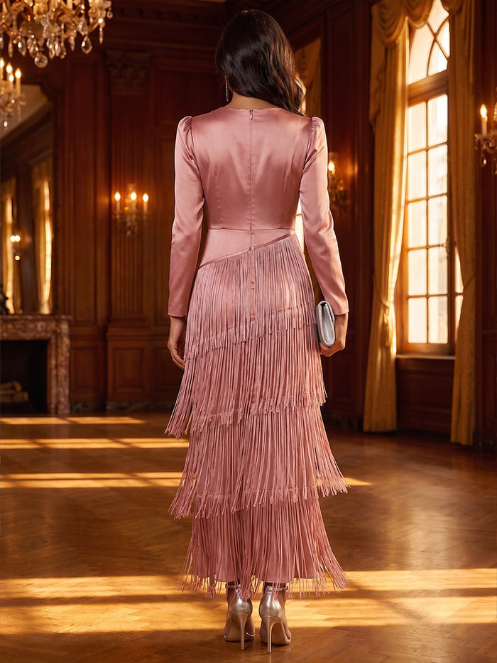 Satin A-Line V Neck Maxi Formal Dresses with Fringe