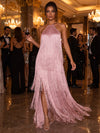 Satin A-Line Halter Maxi Formal Dresses with Fringe