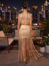 Satin Sheath Crew Neck Midi Formal Dresses with Fringe