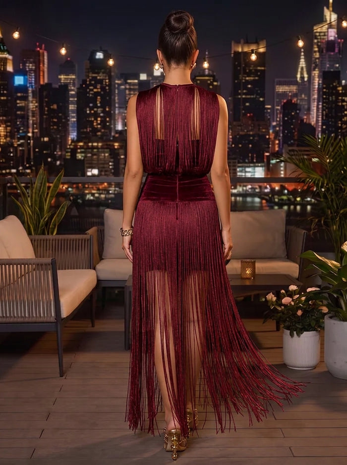 Satin Sheath Crew Neck Midi Formal Dresses with Fringe