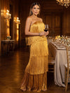 Satin A-Line Halter Maxi Formal Dresses with Fringe