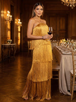 Satin A-Line Halter Maxi Formal Dresses with Fringe