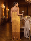 Satin A-Line Halter Maxi Formal Dresses with Fringe