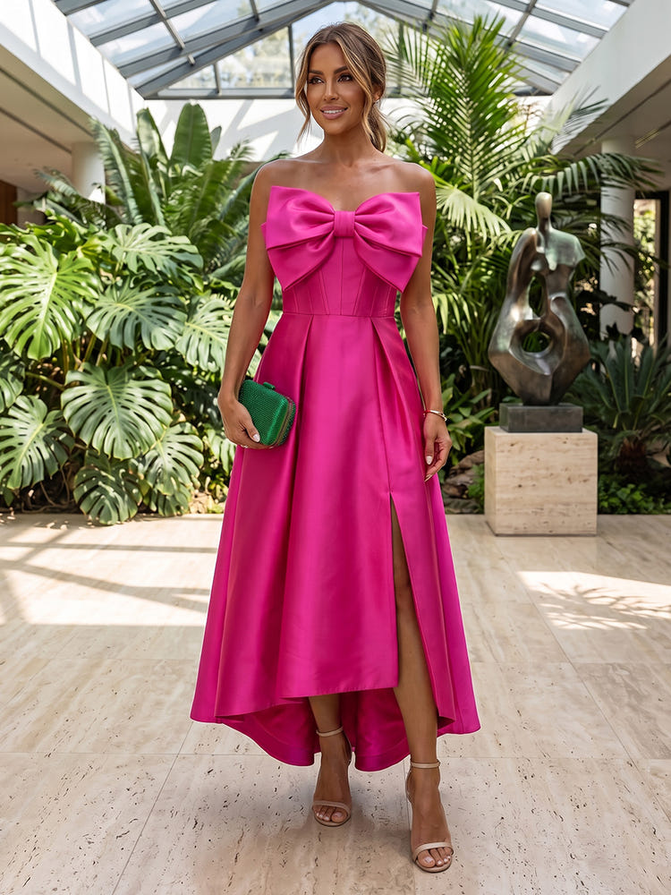 Satin A-Line Strapless Maxi Formal Dresses with Oversized 3D Bow