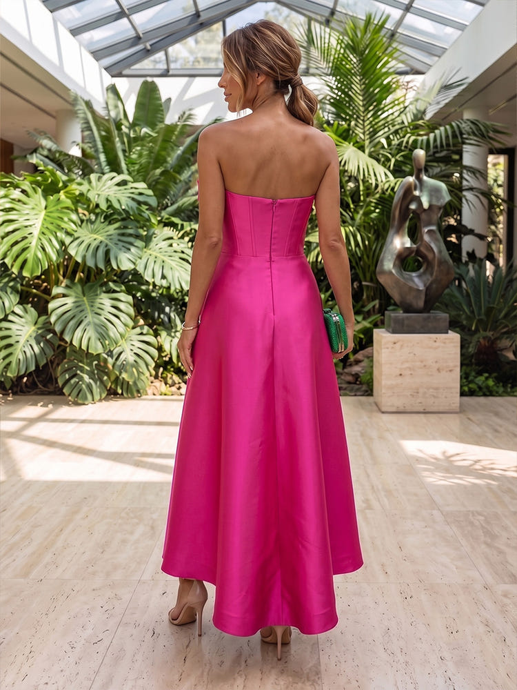 Satin A-Line Strapless Maxi Formal Dresses with Oversized 3D Bow