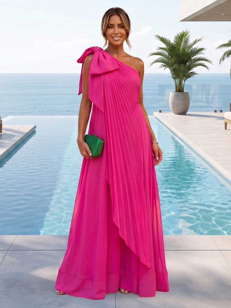 Chiffon A-Line One Shoulder Maxi Formal Dresses with Delicate Pleated