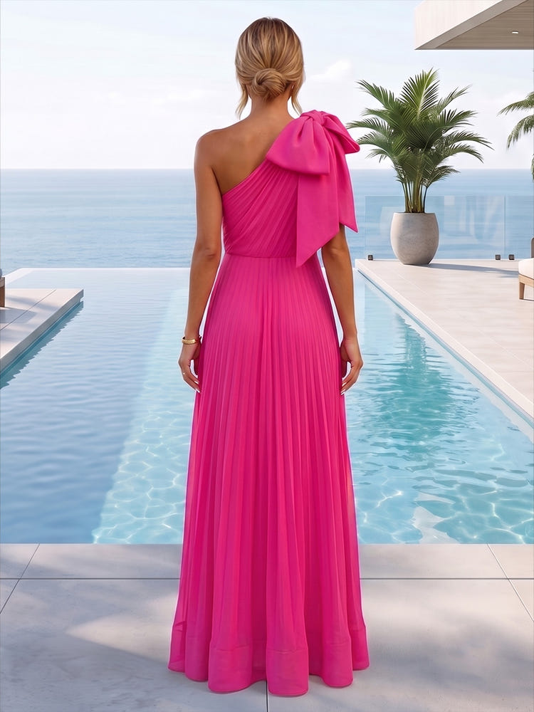 Chiffon A-Line One Shoulder Maxi Formal Dresses with Delicate Pleated