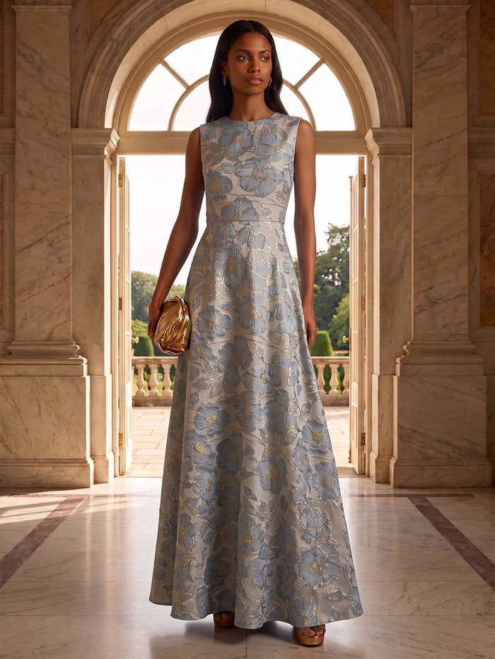Jacquard A-Line Crew Neck Maxi Formal Dresses with Floral