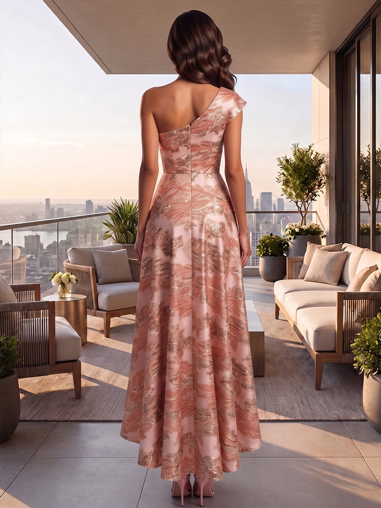 Jacquard Mermaid One Shoulder Maxi Formal Dresses with Ruffles