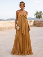 Chiffon A-Line Strapless Maxi Formal Dresses with Delicate Pleated