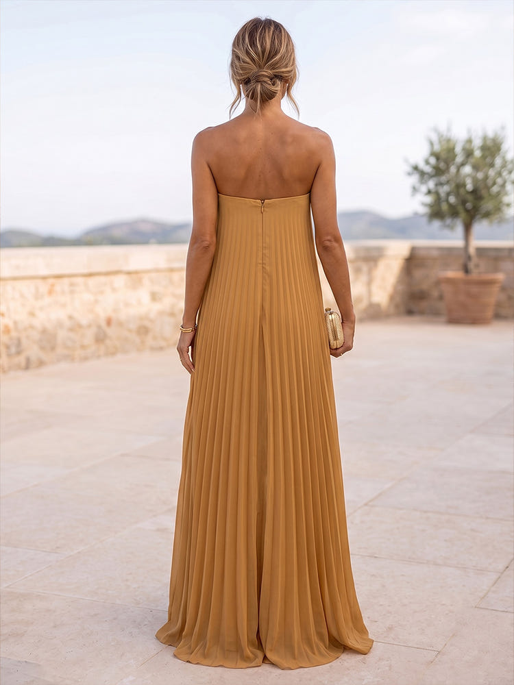 Chiffon A-Line Strapless Maxi Formal Dresses with Delicate Pleated