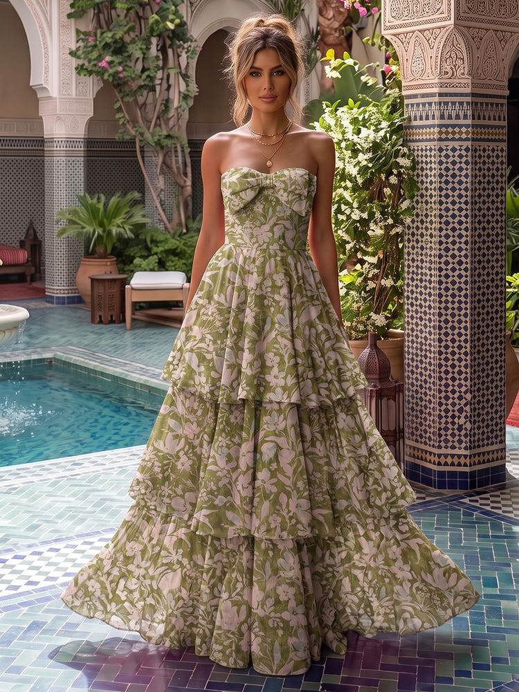 Chiffon A-Line Strapless Maxi Formal Dresses with Floral Print