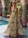 Chiffon A-Line Strapless Maxi Formal Dresses with Floral Print