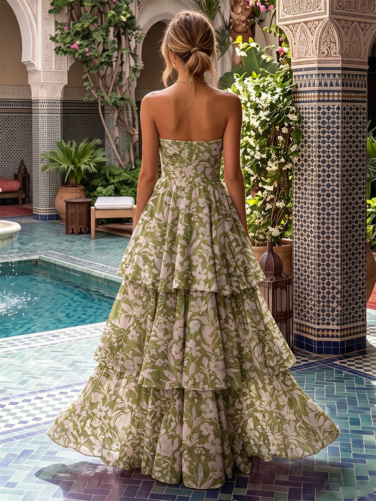 Chiffon A-Line Strapless Maxi Formal Dresses with Floral Print