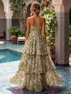 Chiffon A-Line Strapless Maxi Formal Dresses with Floral Print