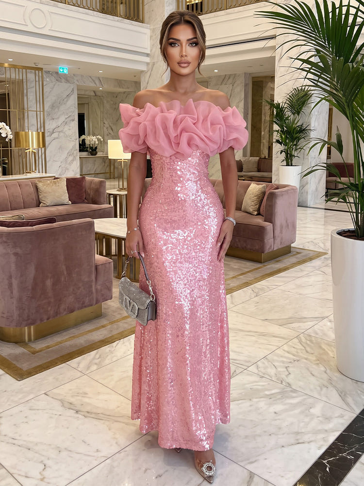 Sequin Mermaid Off Shoulder Maxi Formal Dresses with Organza Ruffles