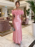 Sequin Mermaid Off Shoulder Maxi Formal Dresses with Organza Ruffles