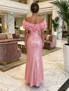 Sequin Mermaid Off Shoulder Maxi Formal Dresses with Organza Ruffles