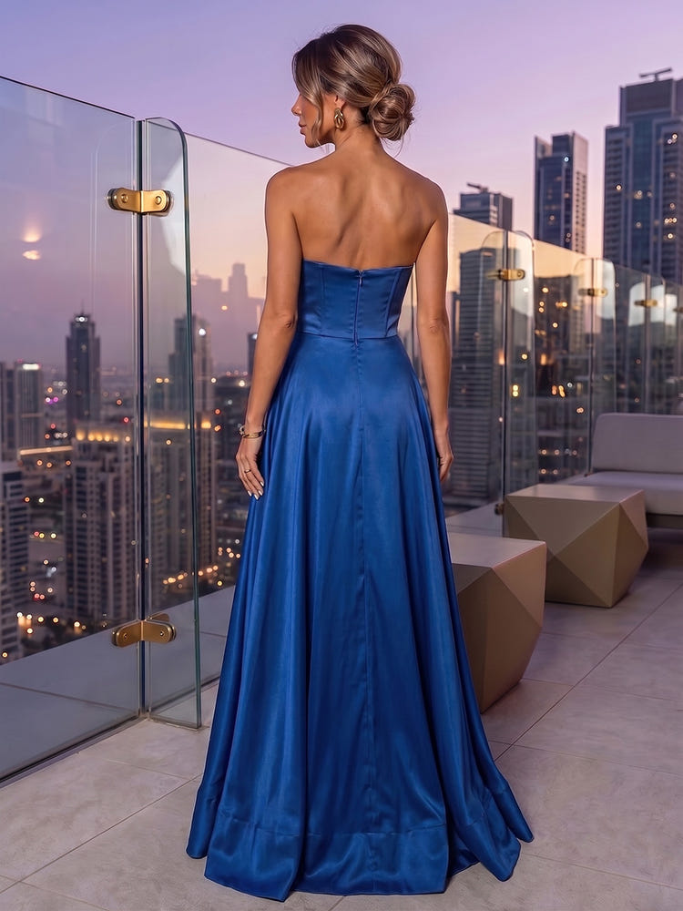 Satin A-Line Strapless Maxi Formal Dresses with Oversized 3D Bow