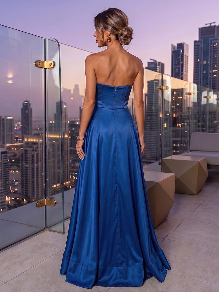 Satin A-Line Strapless Maxi Formal Dresses with Oversized 3D Bow