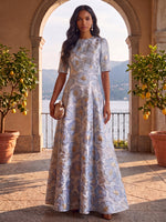 Jacquard A-Line Crew Neck Maxi Formal Dresses with Floral