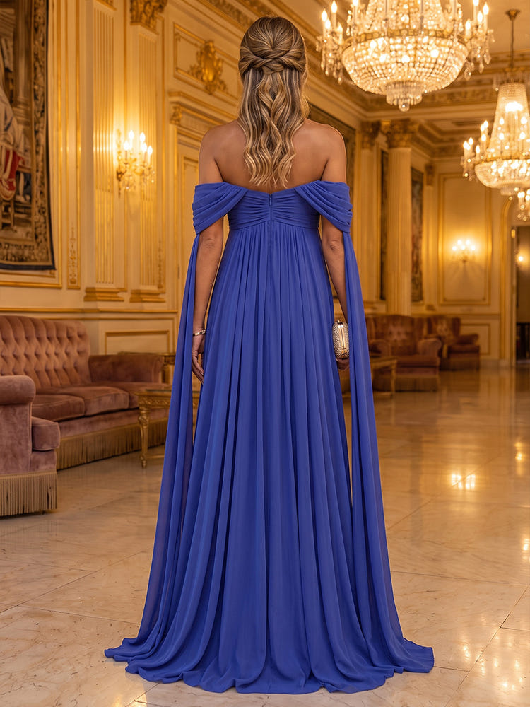 Chiffon A-Line Off Shoulder Maxi Formal Dresses with Draped Side Sash