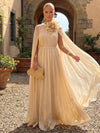 Chiffon A-Line Crew Neck Maxi Formal Dresses with Sheer Chiffon Flowing Cape