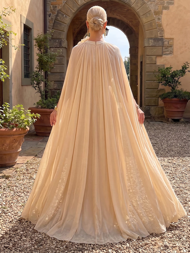 Chiffon A-Line Crew Neck Maxi Formal Dresses with Sheer Chiffon Flowing Cape