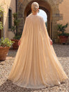 Chiffon A-Line Crew Neck Maxi Formal Dresses with Sheer Chiffon Flowing Cape