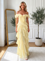 Chiffon Sheath Off Shoulder Maxi Formal Dresses with Asymmetrical Tiered Ruffles