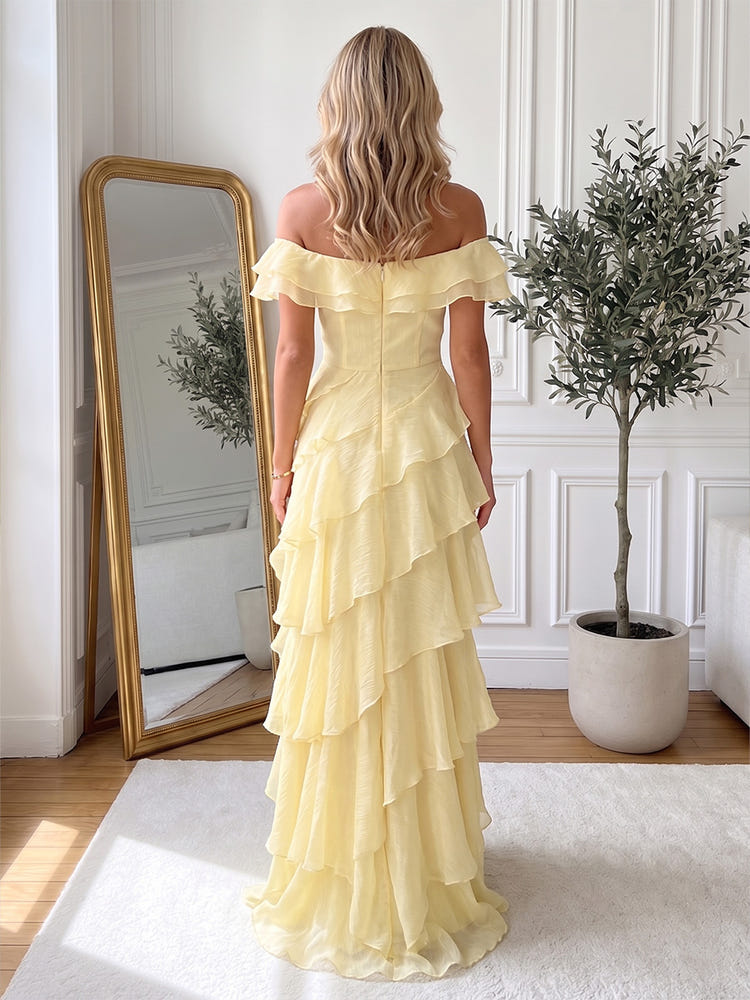 Chiffon Sheath Off Shoulder Maxi Formal Dresses with Asymmetrical Tiered Ruffles