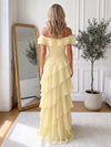 Chiffon Sheath Off Shoulder Maxi Formal Dresses with Asymmetrical Tiered Ruffles