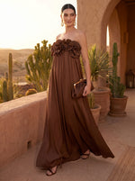 Satin A-Line Strapless Tent Maxi Formal Dresses with Ruffles