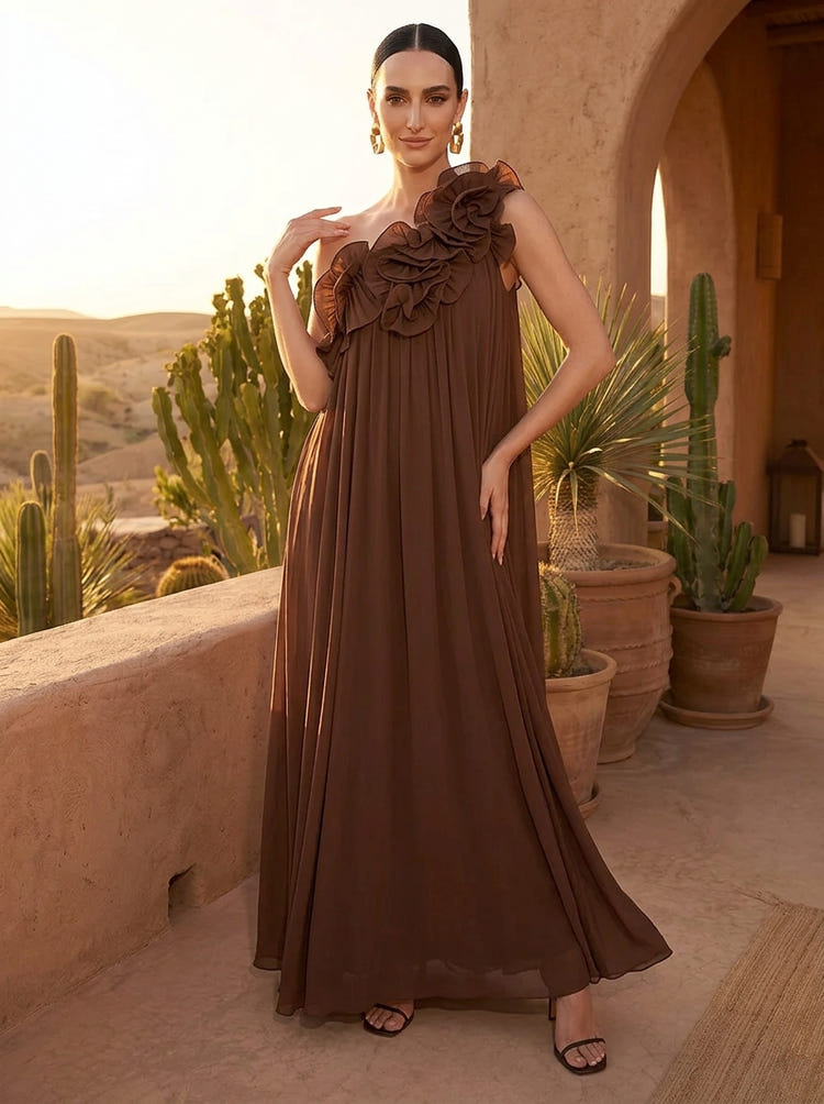 Chiffon A-Line One Shoulder Tent Maxi Formal Dresses with Ruffles