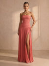 Chiffon A-Line Strapless Maxi Formal Dresses with Delicate Pleated