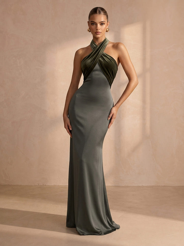 Satin Mermaid Halter Maxi Formal Dresses with Velvet Bodice