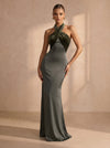 Satin Mermaid Halter Maxi Formal Dresses with Velvet Bodice