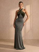 Satin Mermaid Halter Maxi Formal Dresses with Velvet Bodice