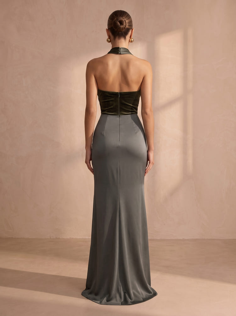 Satin Mermaid Halter Maxi Formal Dresses with Velvet Bodice