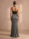 Satin Mermaid Halter Maxi Formal Dresses with Velvet Bodice
