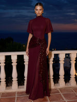 Chiffon A-Line High Neck Maxi Formal Dresses with Draped Sequin Waist Sash