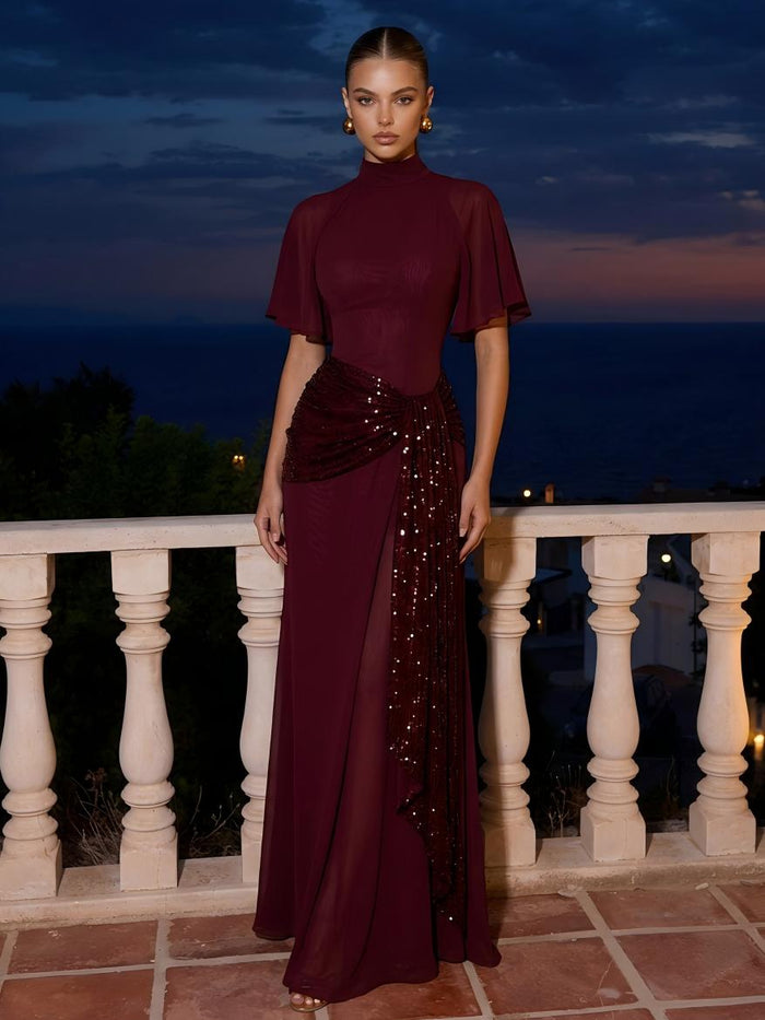 Chiffon A-Line High Neck Maxi Formal Dresses with Draped Sequin Waist Sash