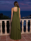 Chiffon A-Line Spaghetti Straps Maxi Formal Dresses with Delicate Pleated
