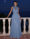 Mesh A-Line Halter Maxi Formal Dresses with 3D Flowers