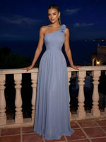 Mesh A-Line One Shoulder Maxi Formal Dresses with 3D Flowers