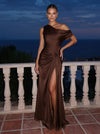 Satin A-Line One Shoulder Maxi Formal Dresses with Side Waist Ruched