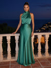 Satin Mermaid High Neck Maxi Formal Dresses with Wide High Waistband